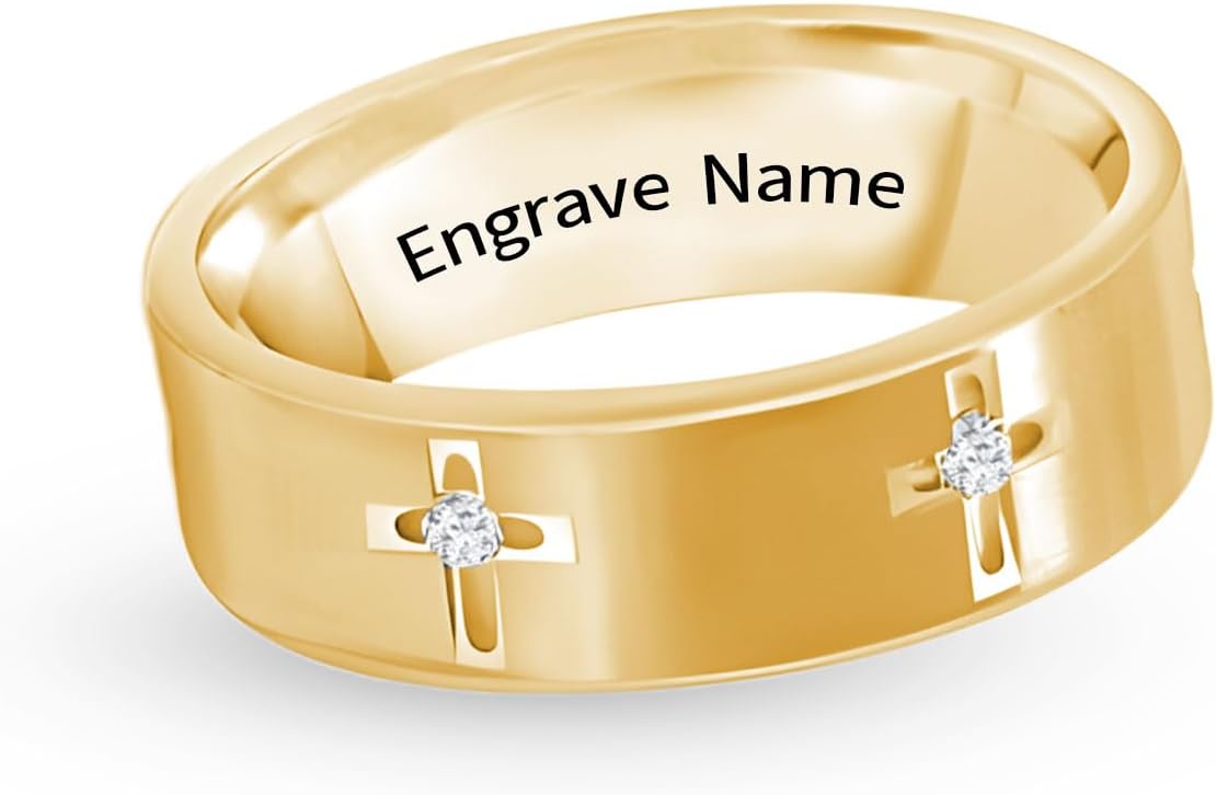 1/16 cttw Men's Moissanite Cross Wedding Band D Color VVS Clarity 18K Gold Plated 925 Sterling Silver Religious Ring Engrave Name Size 3-15