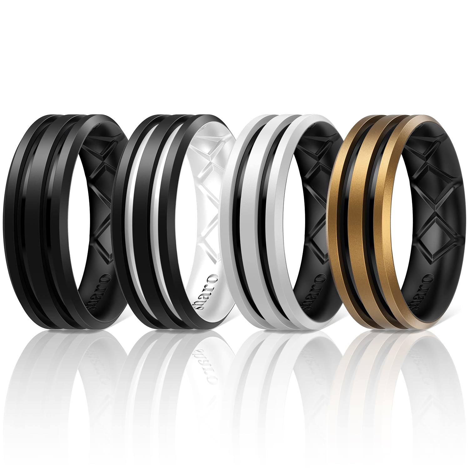 Egnaro Silicone Ring for Him with 2 Layers, Multicolor Rubber Wedding Bands with Air Flow Grooves-1/4/6/7 Variety Multipack