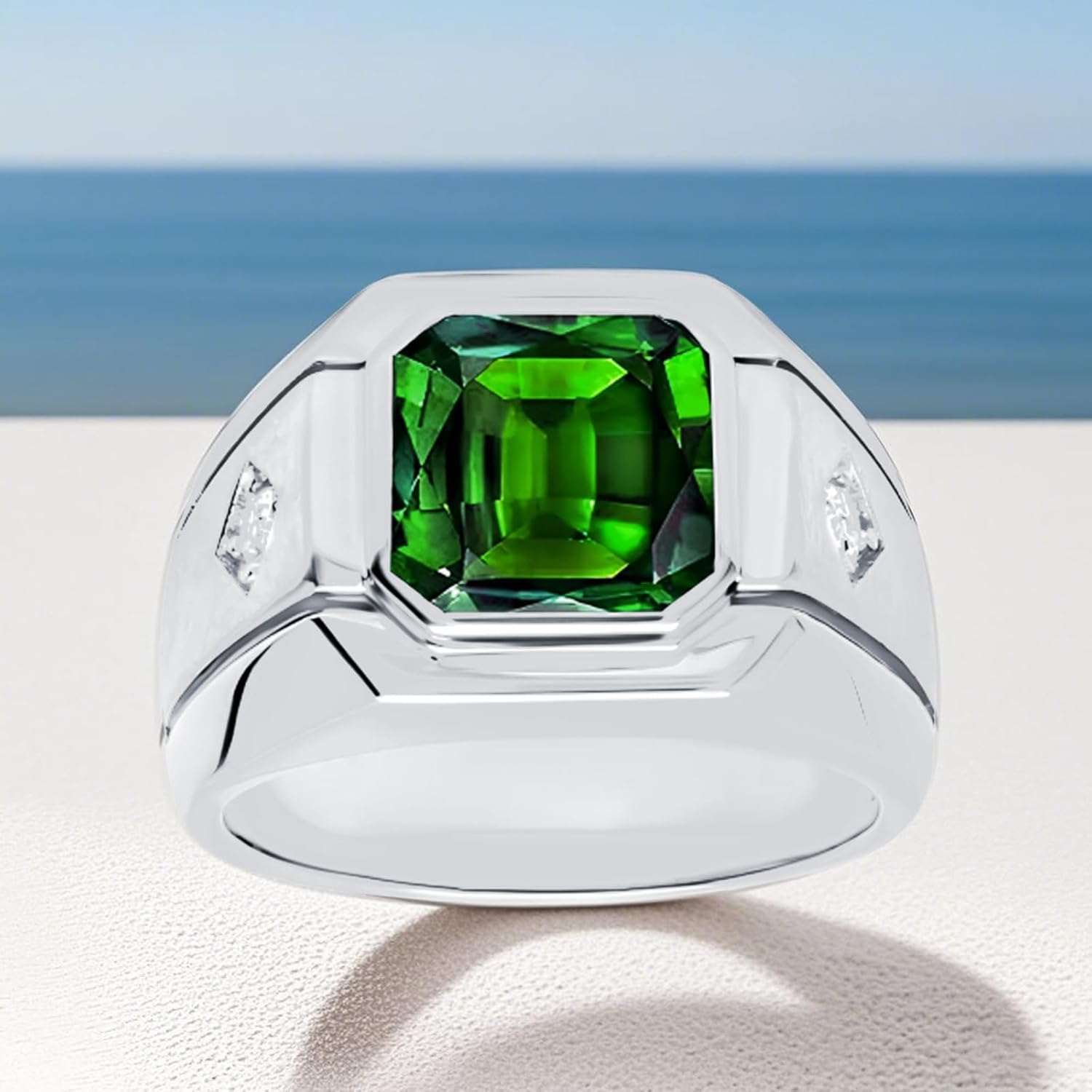 2 Carats Sterling Silver Square Men's Emerald Ring Handmade Green Emerald Stone Ring for Men Western Promise Band Jewelry Gift for men