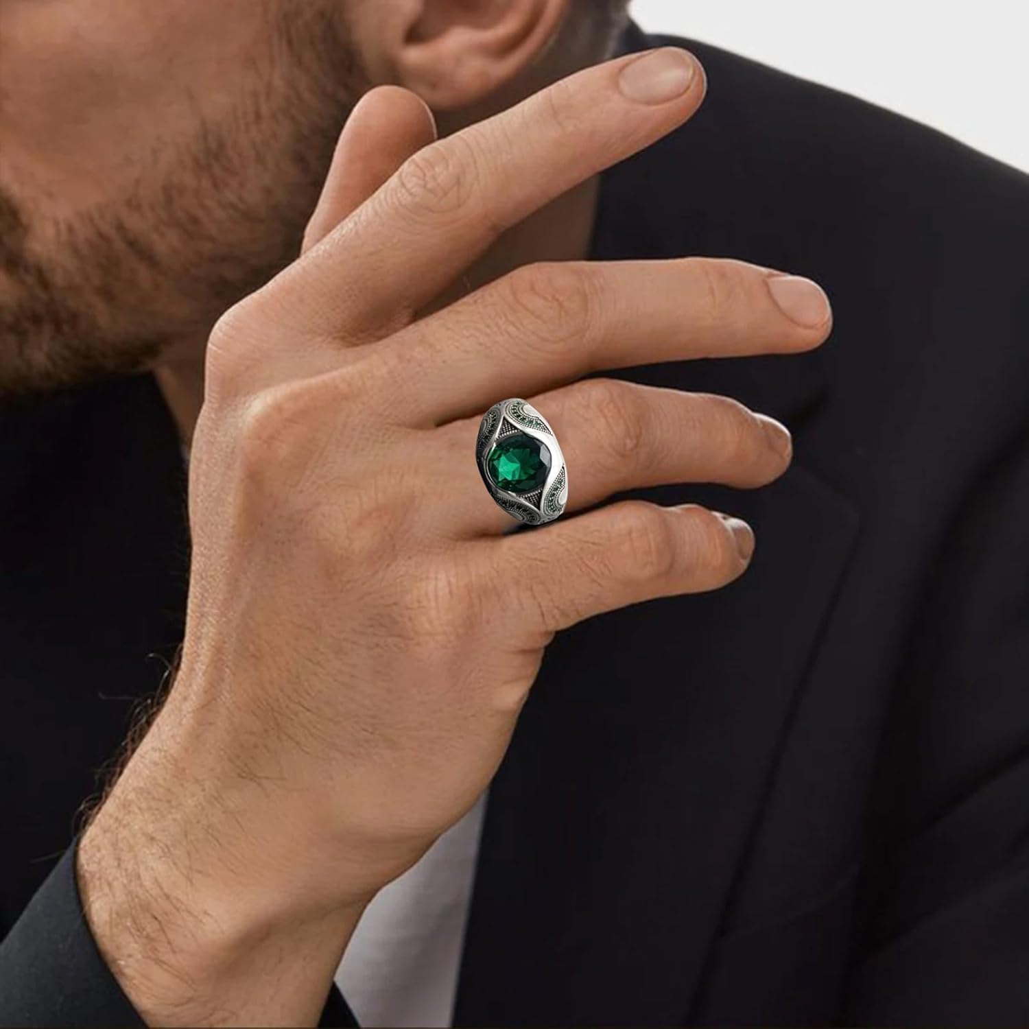 2CT Silver Emerald Ring for Men S925 Sterling Silver Oxidized Handmade Turkish Men's Ring Customized Name Green Gemstone Ring for Men Husband Engagement Wedding Size 4-16