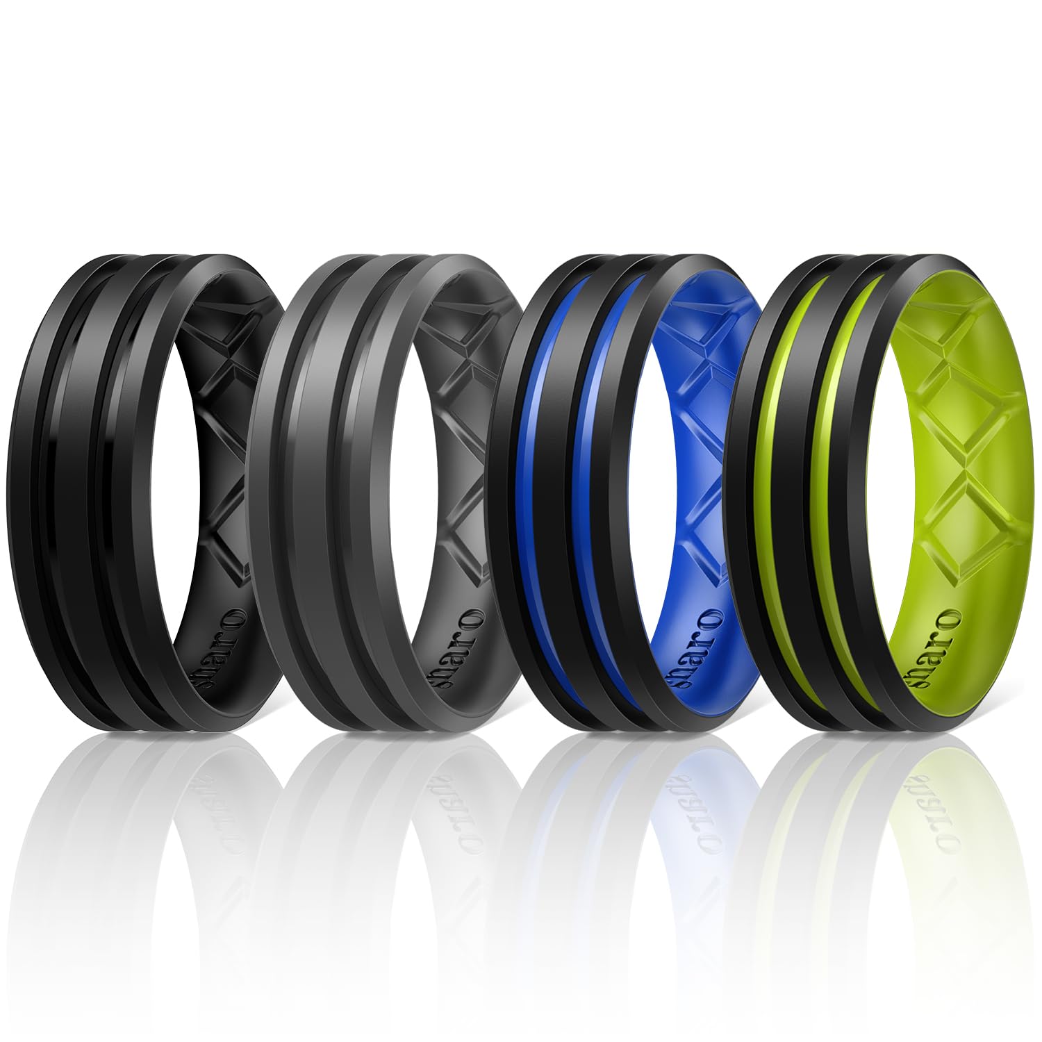 Egnaro Silicone Ring for Him with 2 Layers, Multicolor Rubber Wedding Bands with Air Flow Grooves-1/4/6/7 Variety Multipack