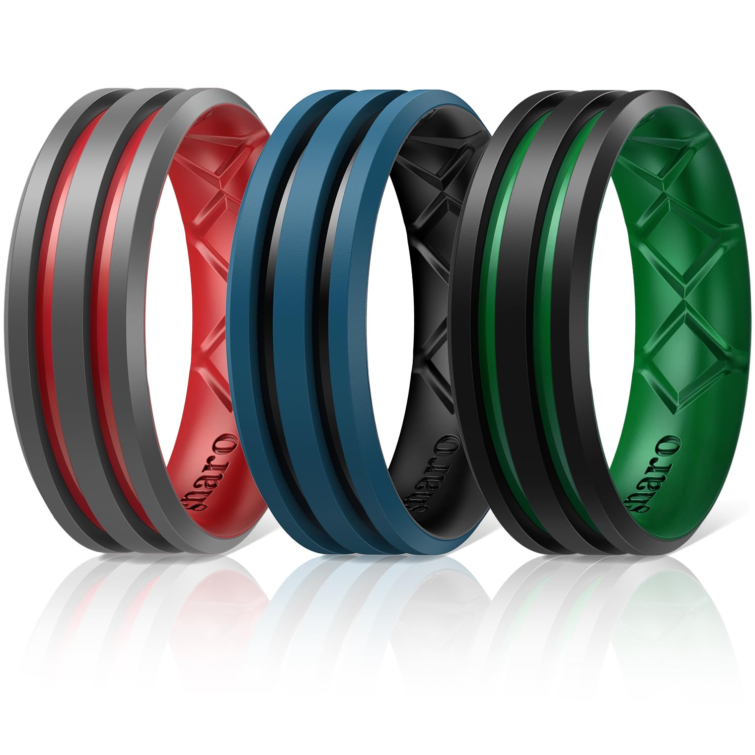 Egnaro Silicone Ring for Him with 2 Layers, Multicolor Rubber Wedding Bands with Air Flow Grooves-1/4/6/7 Variety Multipack