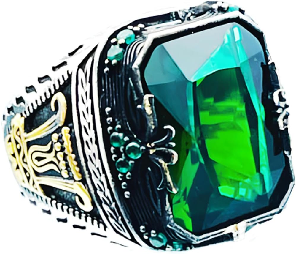 Men's Oxidized Green Emerald Stone Ring King Claw Silver Square Emerald Men's Jewelry Handmade Vintage Ring Engagement Promise Gift for Men