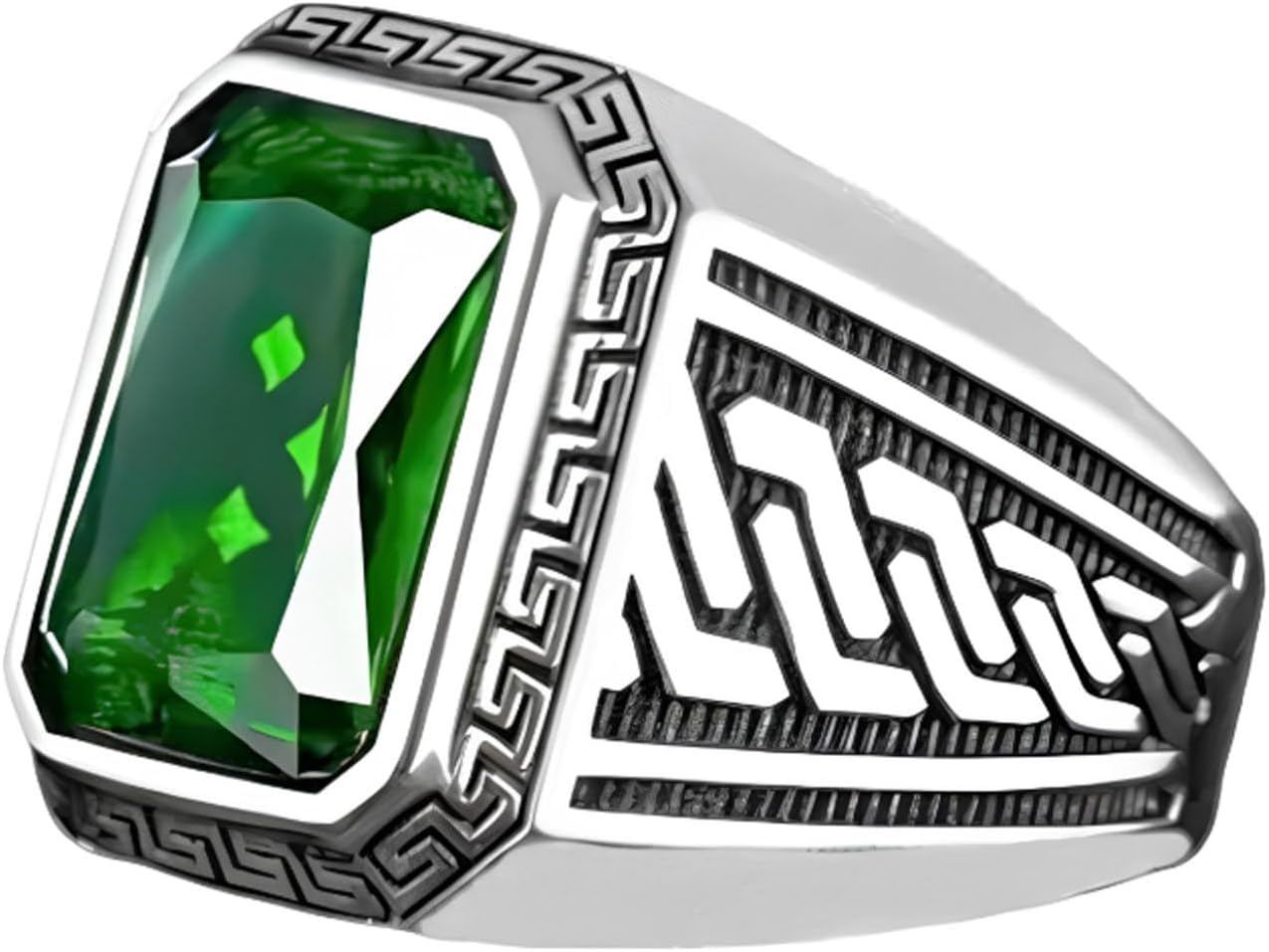 2 Carats Rectangle Men's Emerald Ring Sterling Silver Handmade Green Emerald Stone Ring for Men Western Retro Promise Band Jewelry Gift for Him