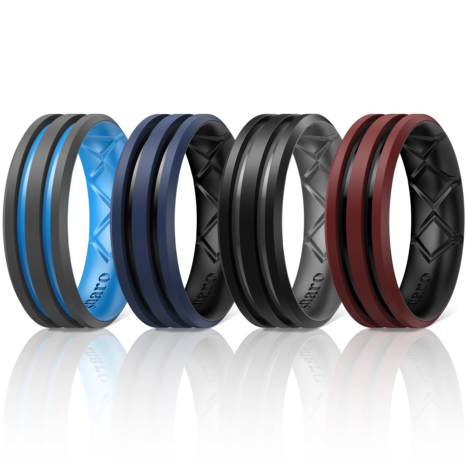 Egnaro Silicone Ring for Him with 2 Layers, Multicolor Rubber Wedding Bands with Air Flow Grooves-1/4/6/7 Variety Multipack