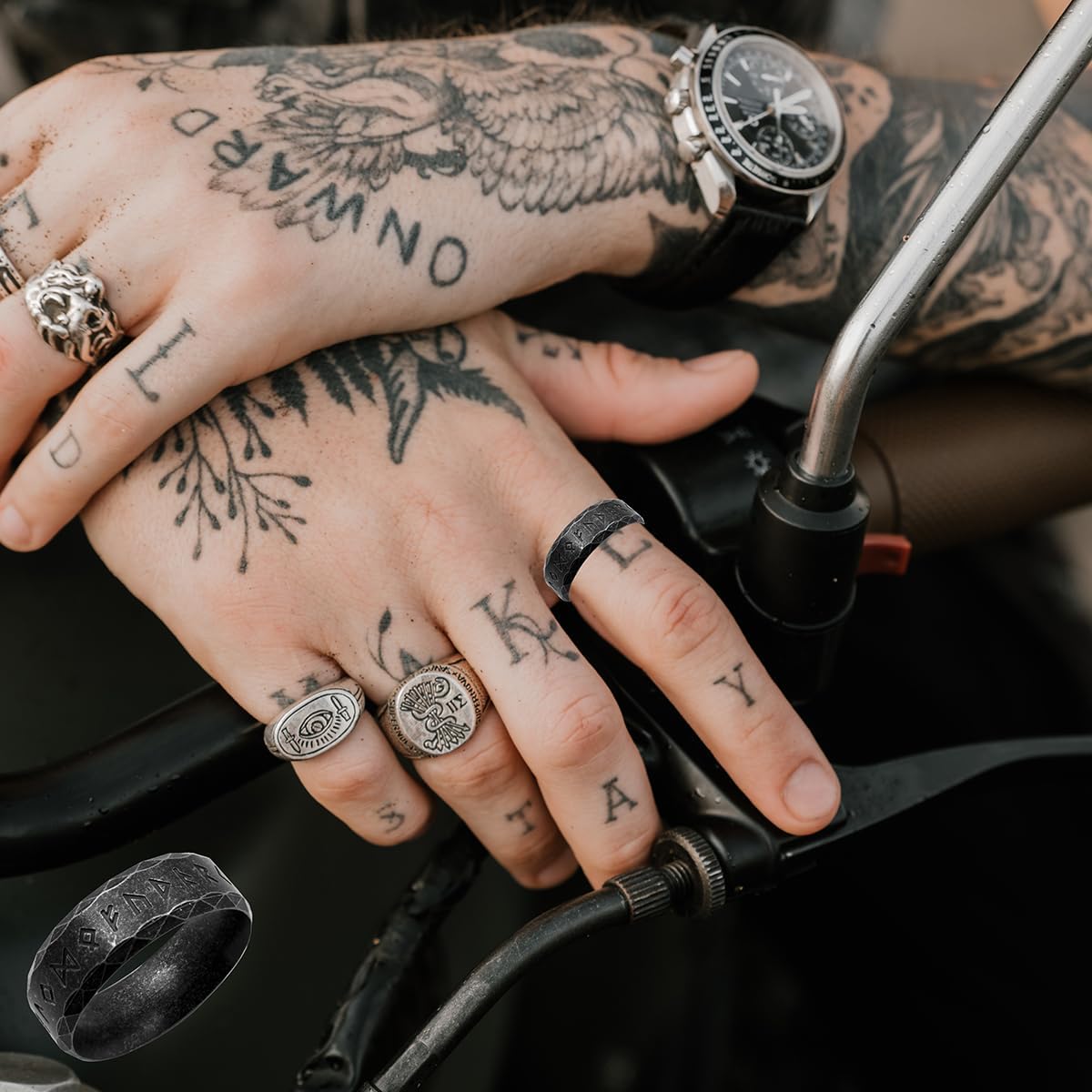 Nanafast Viking Rings for Men, Women Silver/Black/Vintage Stainless Steel Norse Rings for men, Runes Viking Ring Bands for Men