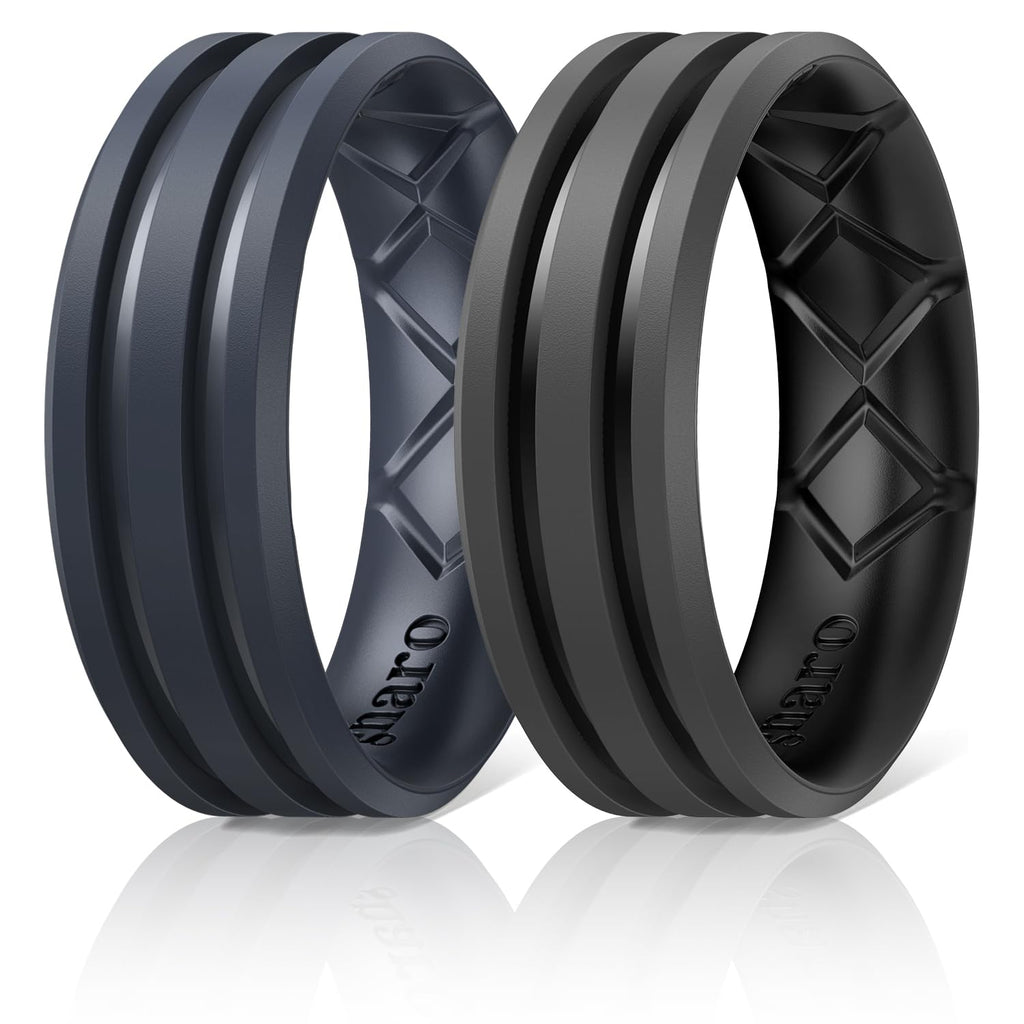 Egnaro Silicone Ring for Him with 2 Layers, Multicolor Rubber Wedding Bands with Air Flow Grooves-1/4/6/7 Variety Multipack