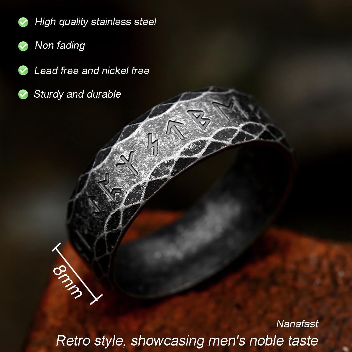 Nanafast Viking Rings for Men, Women Silver/Black/Vintage Stainless Steel Norse Rings for men, Runes Viking Ring Bands for Men
