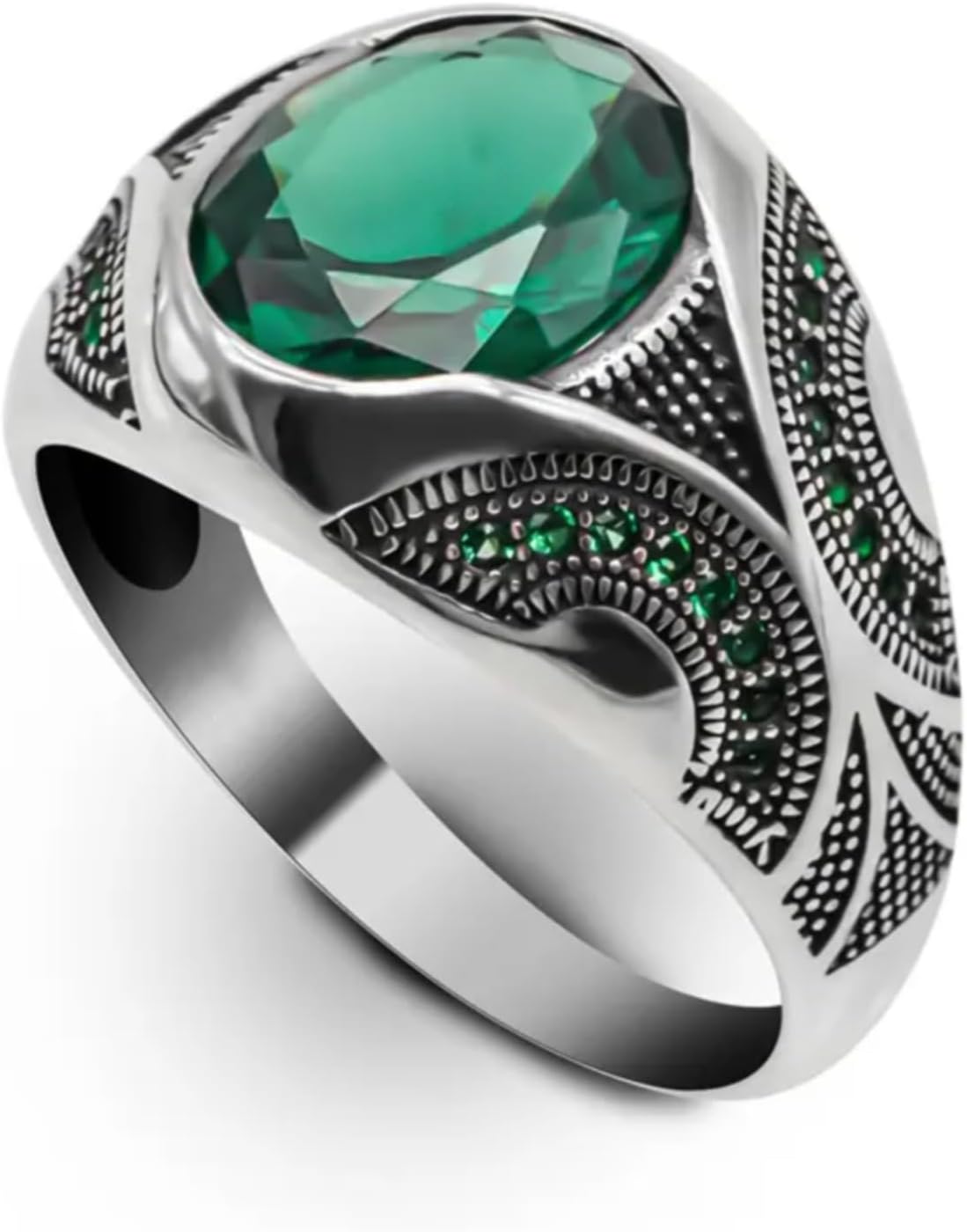 2CT Silver Emerald Ring for Men S925 Sterling Silver Oxidized Handmade Turkish Men's Ring Customized Name Green Gemstone Ring for Men Husband Engagement Wedding Size 4-16