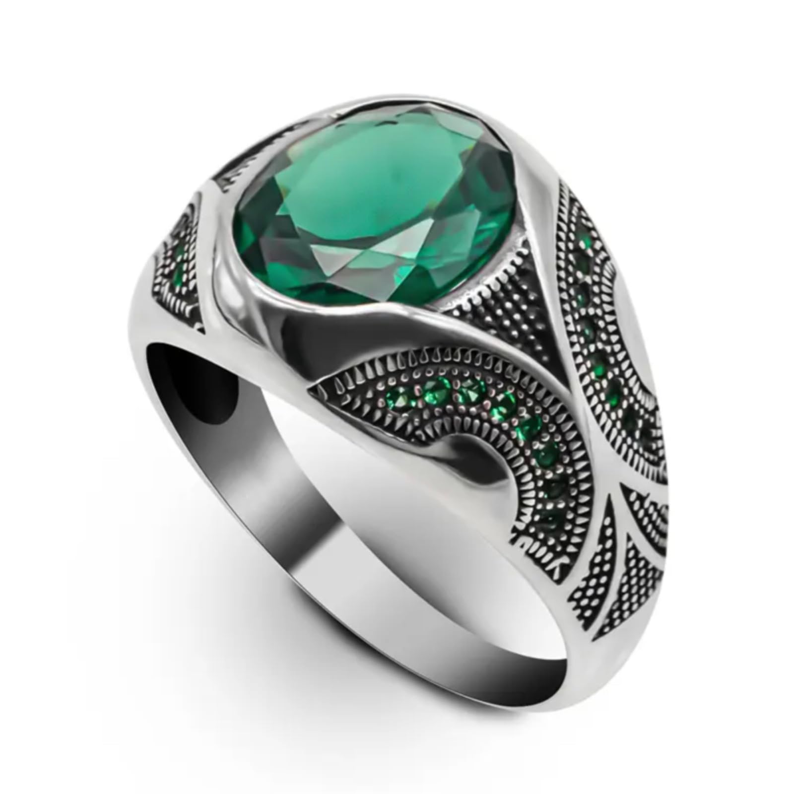 2CT Silver Emerald Ring for Men S925 Sterling Silver Oxidized Handmade Turkish Men's Ring Customized Name Green Gemstone Ring for Men Husband Engagement Wedding Size 4-16