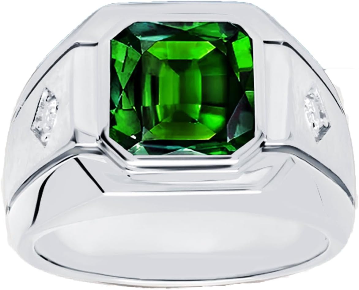 2 Carats Sterling Silver Square Men's Emerald Ring Handmade Green Emerald Stone Ring for Men Western Promise Band Jewelry Gift for men