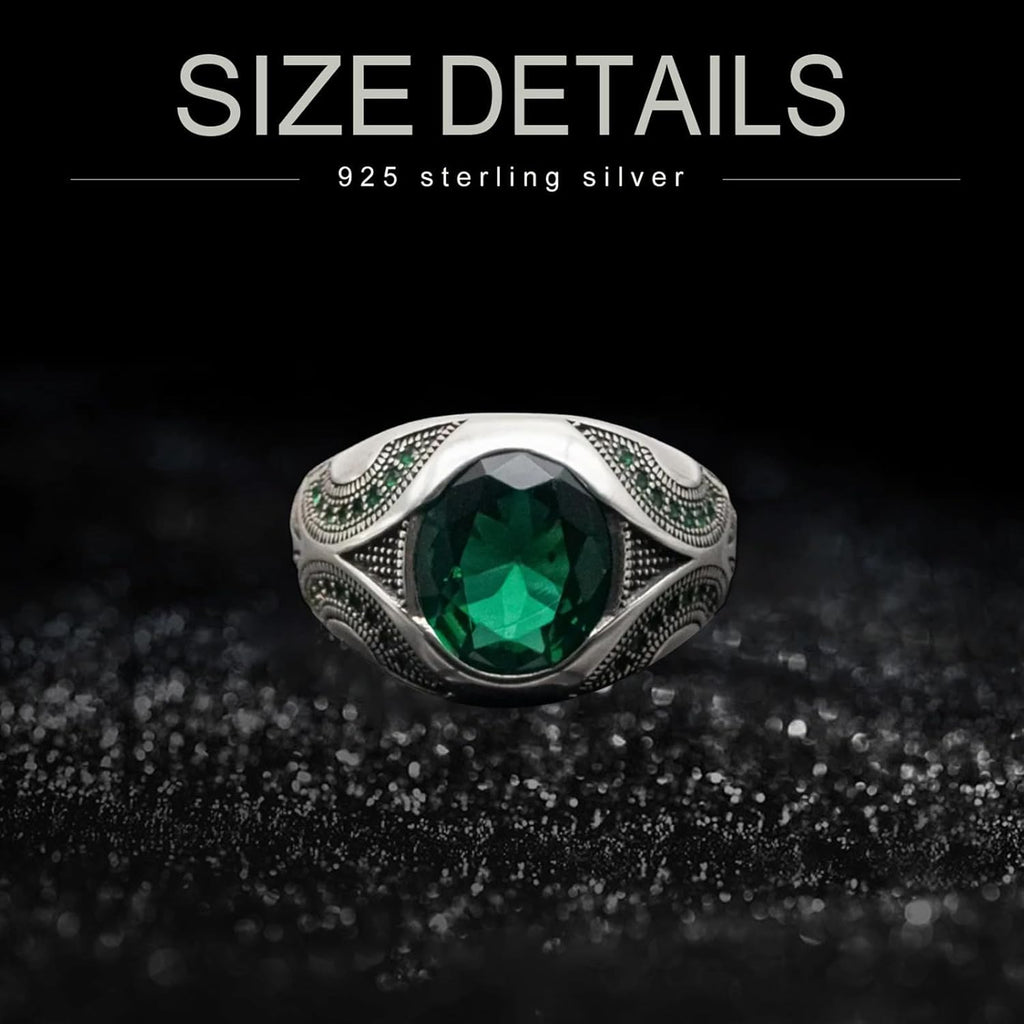 2CT Silver Emerald Ring for Men S925 Sterling Silver Oxidized Handmade Turkish Men's Ring Customized Name Green Gemstone Ring for Men Husband Engagement Wedding Size 4-16