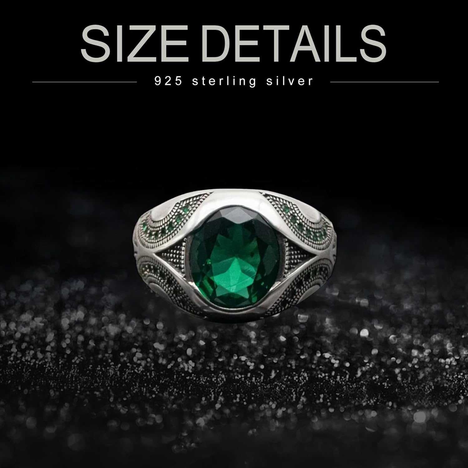 2CT Silver Emerald Ring for Men S925 Sterling Silver Oxidized Handmade Turkish Men's Ring Customized Name Green Gemstone Ring for Men Husband Engagement Wedding Size 4-16