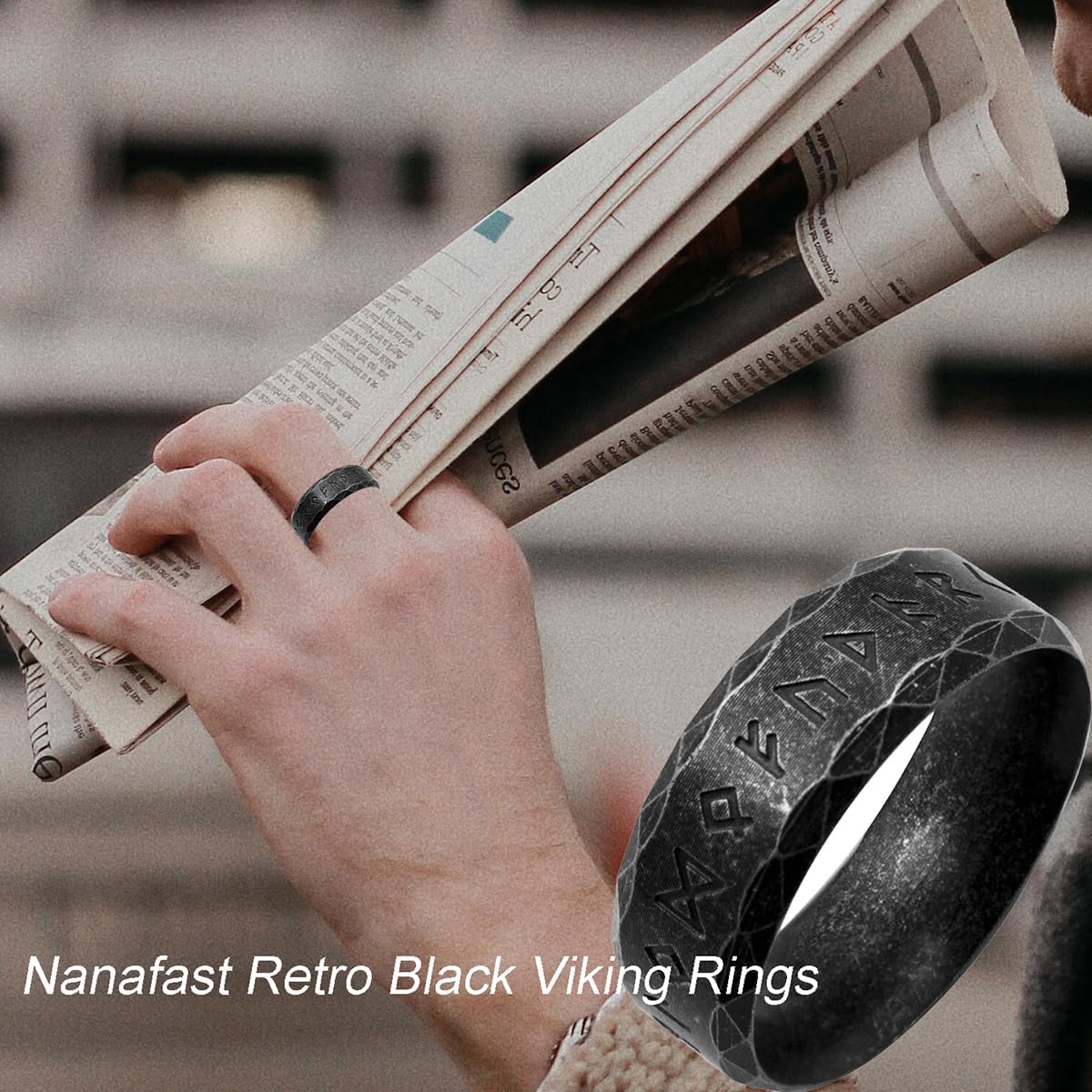 Nanafast Viking Rings for Men, Women Silver/Black/Vintage Stainless Steel Norse Rings for men, Runes Viking Ring Bands for Men