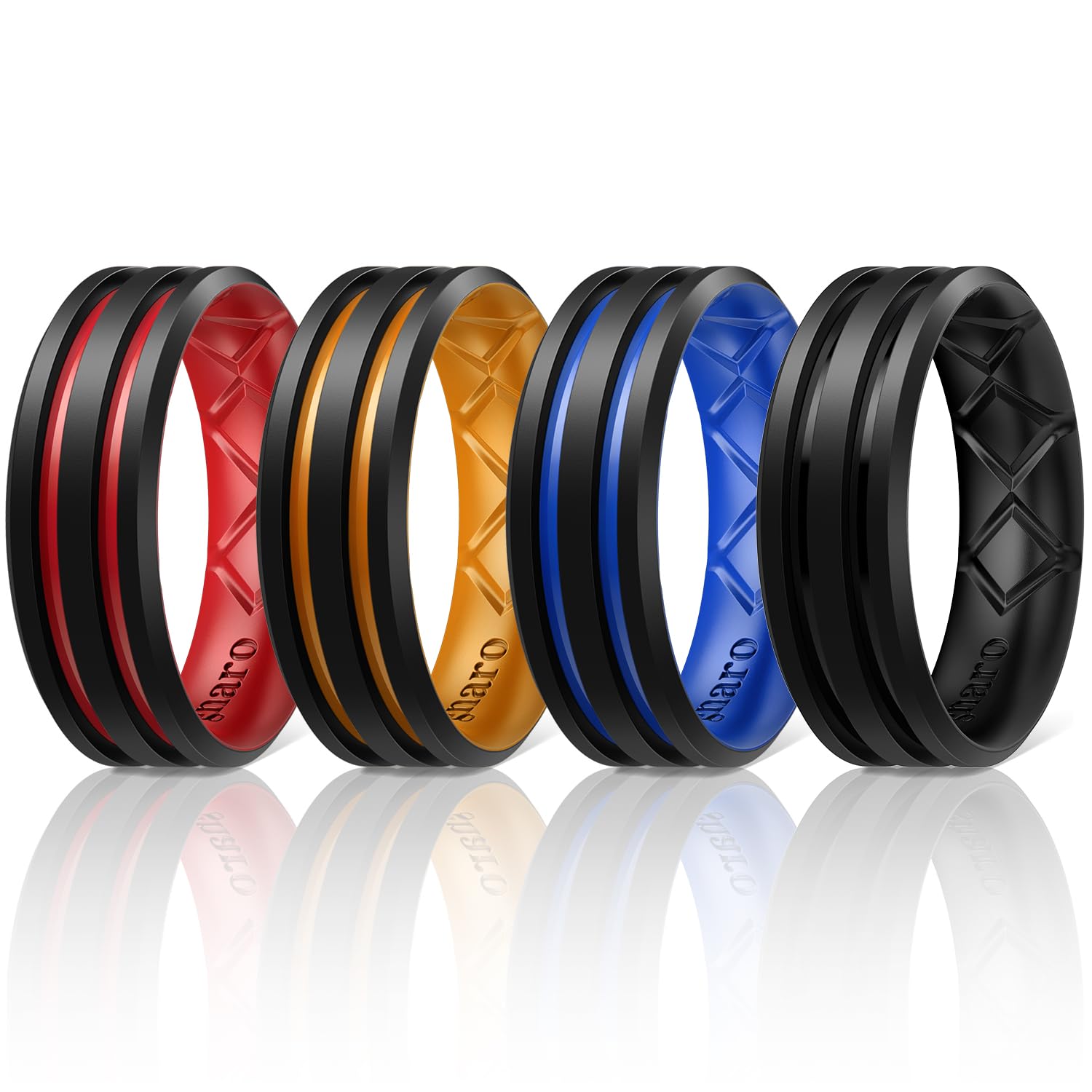 Egnaro Silicone Ring for Him with 2 Layers, Multicolor Rubber Wedding Bands with Air Flow Grooves-1/4/6/7 Variety Multipack