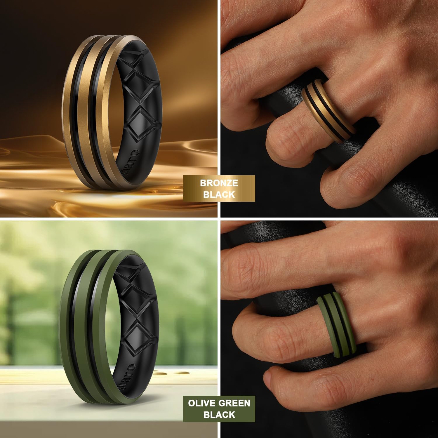 Egnaro Silicone Ring for Him with 2 Layers, Multicolor Rubber Wedding Bands with Air Flow Grooves-1/4/6/7 Variety Multipack