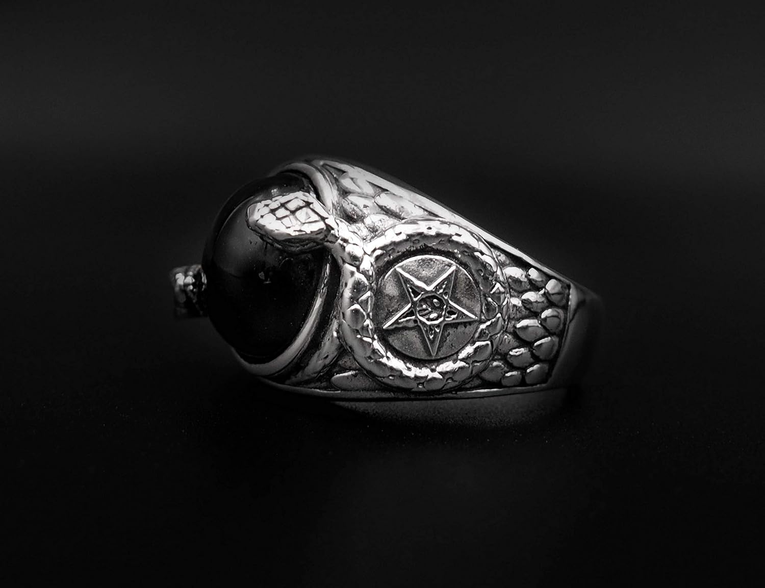 Onyx Church of Satan Sigil of Baphomet Ring, Pentagram Ring, Snake Ring, Demon Devil Ring with Snack 925 Sterling Silver