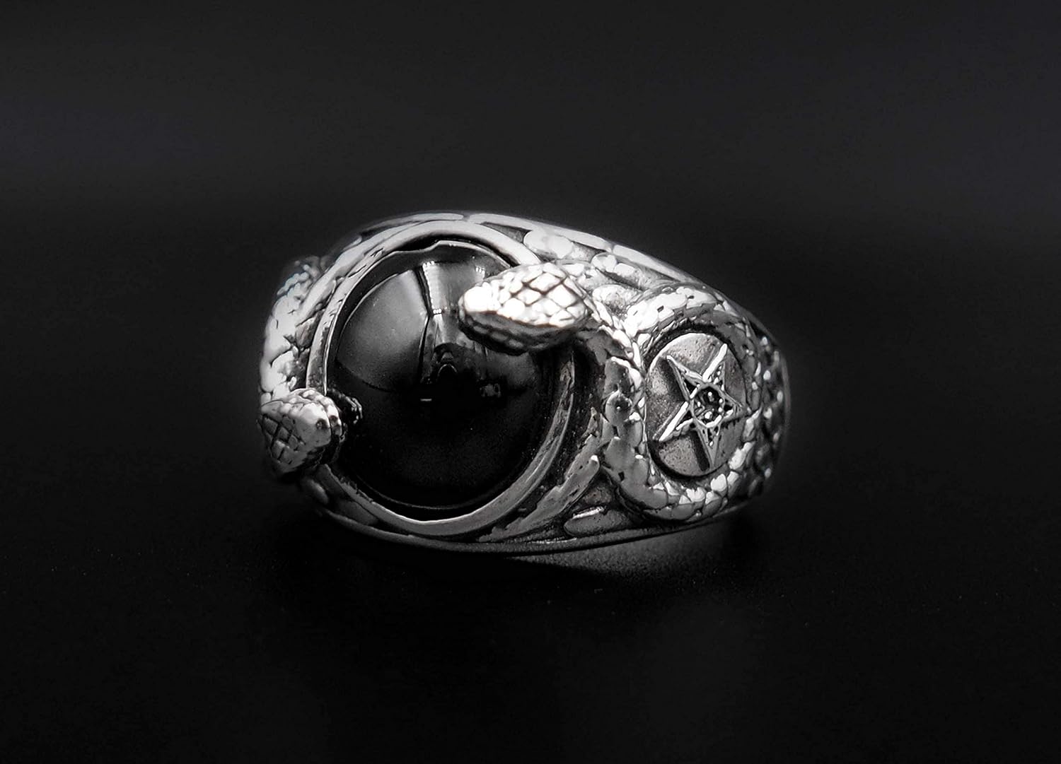 Onyx Church of Satan Sigil of Baphomet Ring, Pentagram Ring, Snake Ring, Demon Devil Ring with Snack 925 Sterling Silver