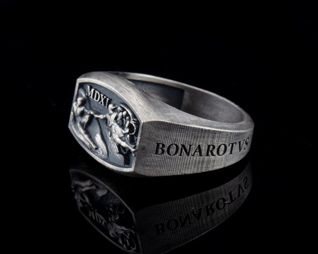 Hand Of God Men Signet Ring, 0.022 lbs, 0,78 x 0,59 Inch, Michaelangelo Sistine Chapel Ring, Creation of Adam Jewelry, Renaissance Age Ring, 925K Silver Art Lover Ring