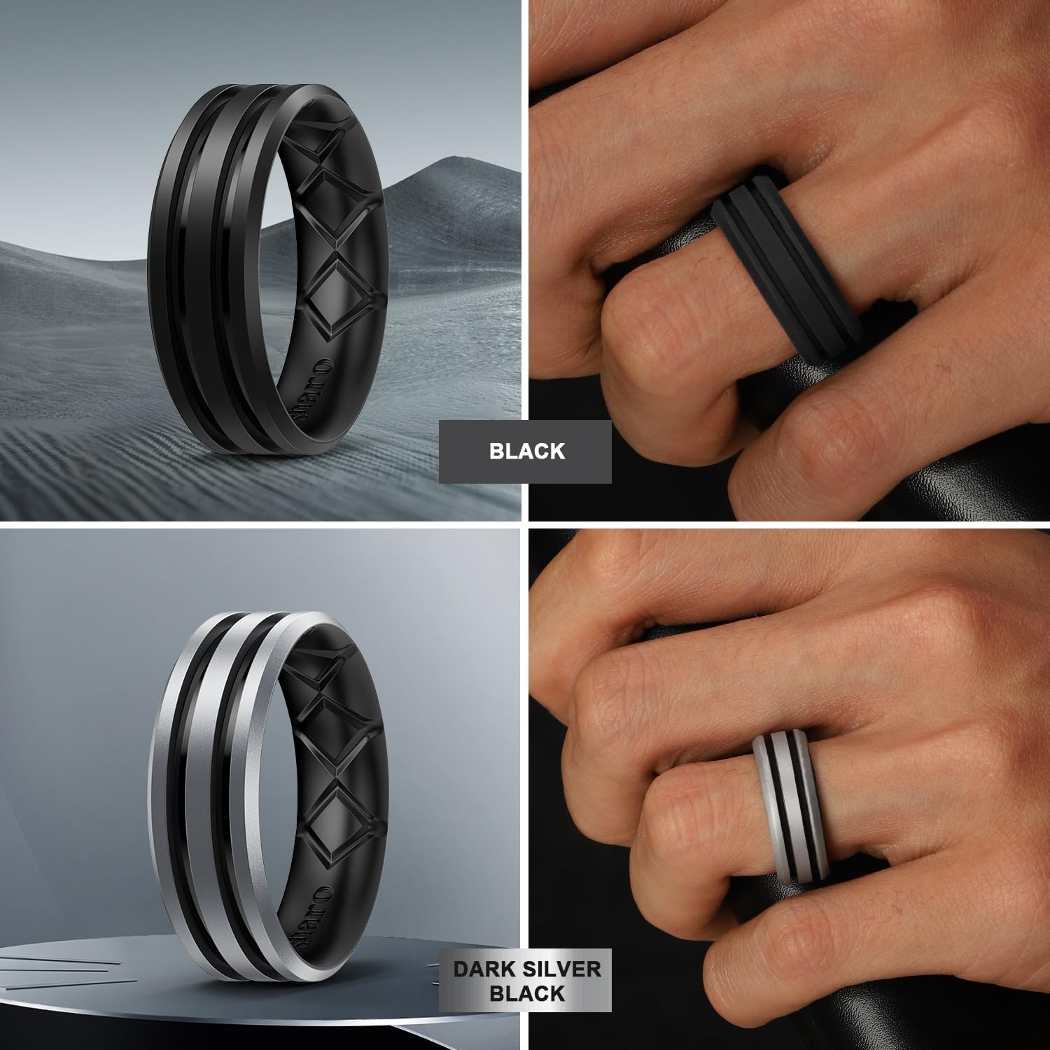 Egnaro Silicone Ring for Him with 2 Layers, Multicolor Rubber Wedding Bands with Air Flow Grooves-1/4/6/7 Variety Multipack