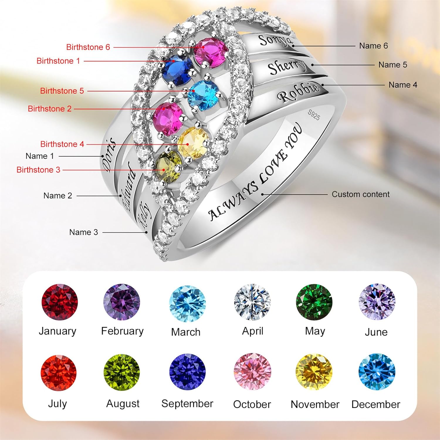 925 Mothers Ring with Birthstones Rings Personalized Sterling Silver Ring for Women Mother's Day Ring Customized Jewelry Womens Gifts