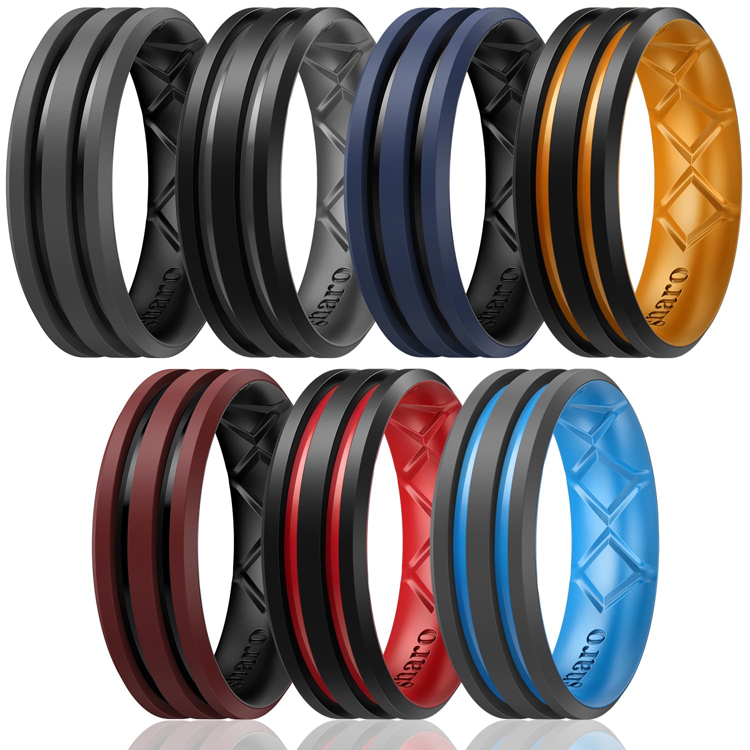Egnaro Silicone Ring for Him with 2 Layers, Multicolor Rubber Wedding Bands with Air Flow Grooves-1/4/6/7 Variety Multipack