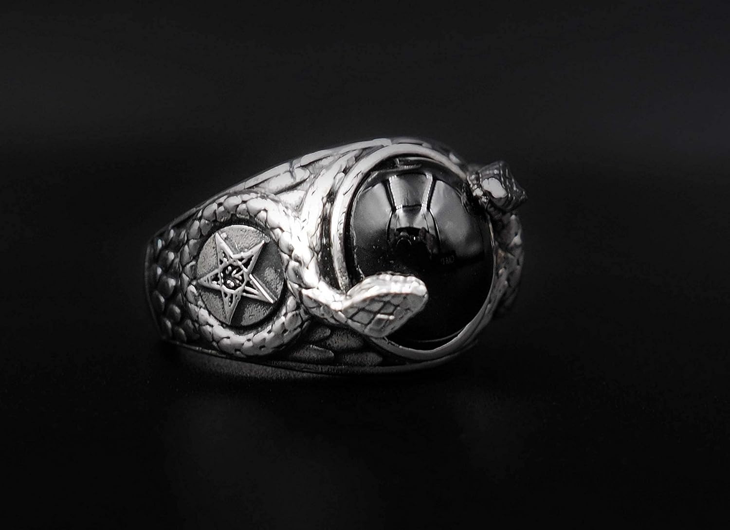 Onyx Church of Satan Sigil of Baphomet Ring, Pentagram Ring, Snake Ring, Demon Devil Ring with Snack 925 Sterling Silver