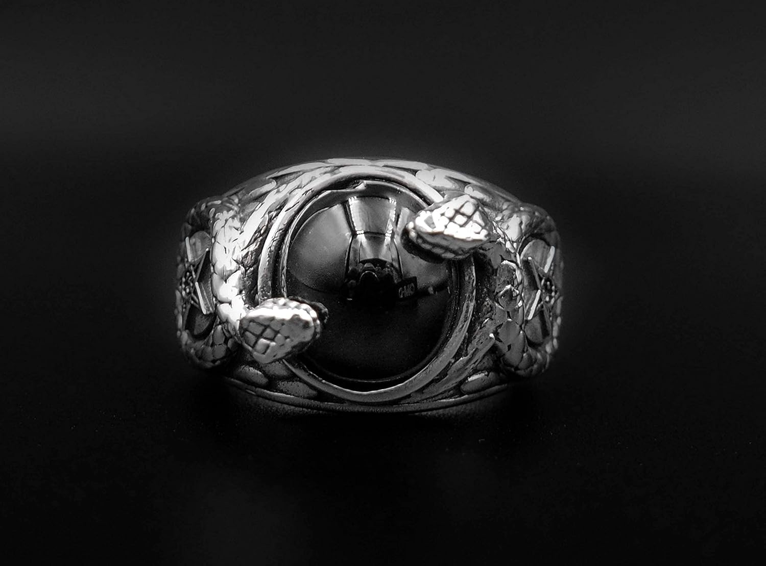 Onyx Church of Satan Sigil of Baphomet Ring, Pentagram Ring, Snake Ring, Demon Devil Ring with Snack 925 Sterling Silver