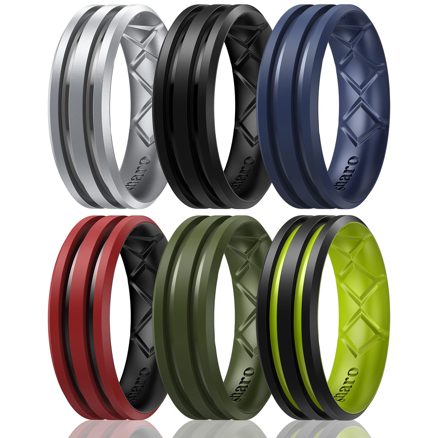 Egnaro Silicone Ring for Him with 2 Layers, Multicolor Rubber Wedding Bands with Air Flow Grooves-1/4/6/7 Variety Multipack