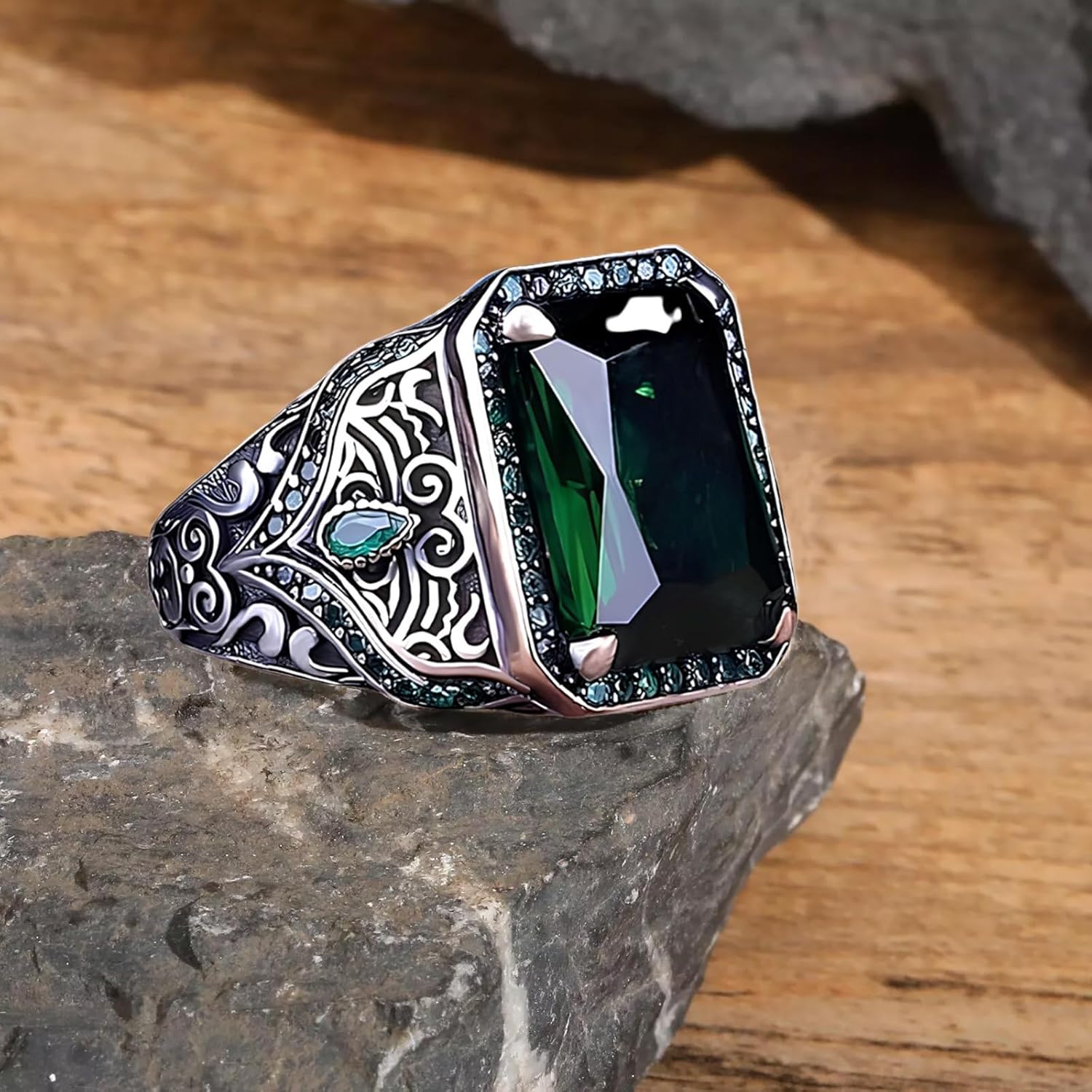 Emerald Stone Men's Ring Sterling Silver Oxidized Men's Square Emerald Stone with Zirconia Ring Jewelry Handmade Engagement Vintage Promise Gift for Men