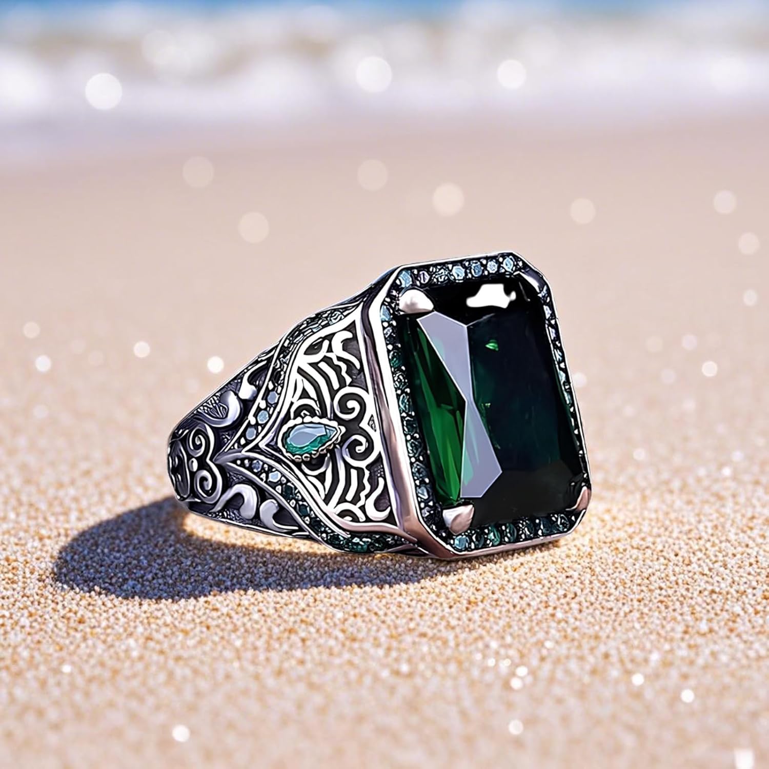 Emerald Stone Men's Ring Sterling Silver Oxidized Men's Square Emerald Stone with Zirconia Ring Jewelry Handmade Engagement Vintage Promise Gift for Men