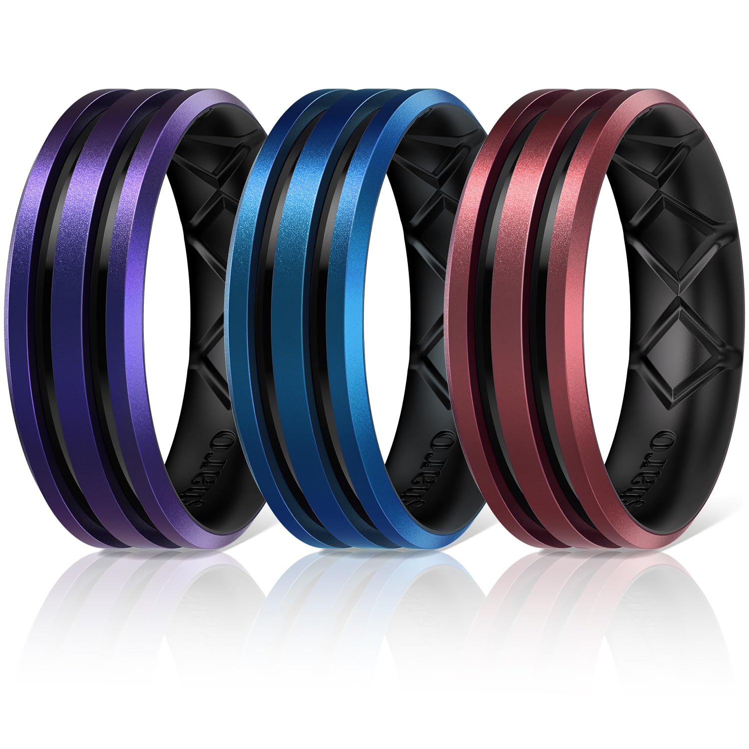 Egnaro Silicone Ring for Him with 2 Layers, Multicolor Rubber Wedding Bands with Air Flow Grooves-1/4/6/7 Variety Multipack