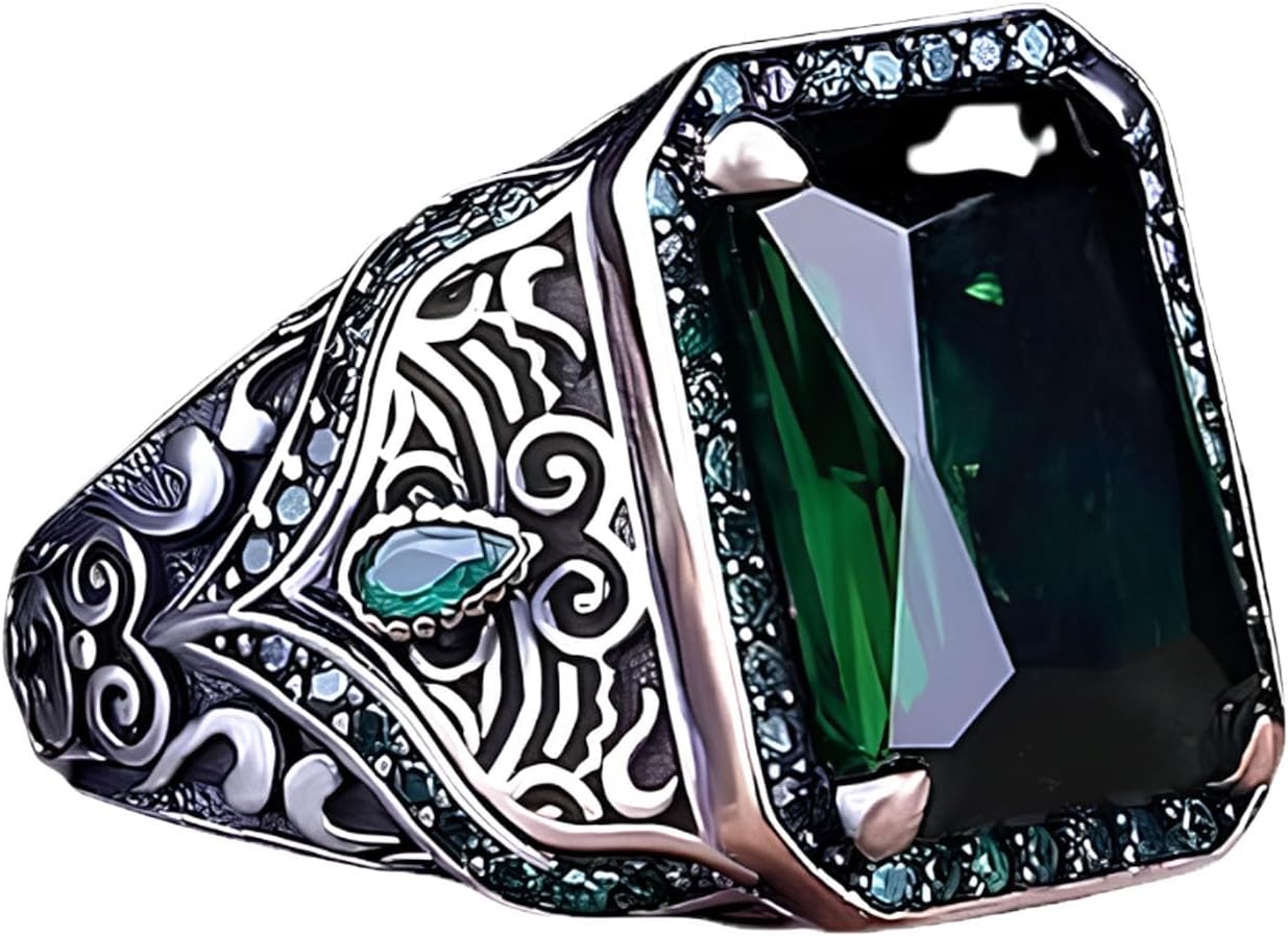 Emerald Stone Men's Ring Sterling Silver Oxidized Men's Square Emerald Stone with Zirconia Ring Jewelry Handmade Engagement Vintage Promise Gift for Men