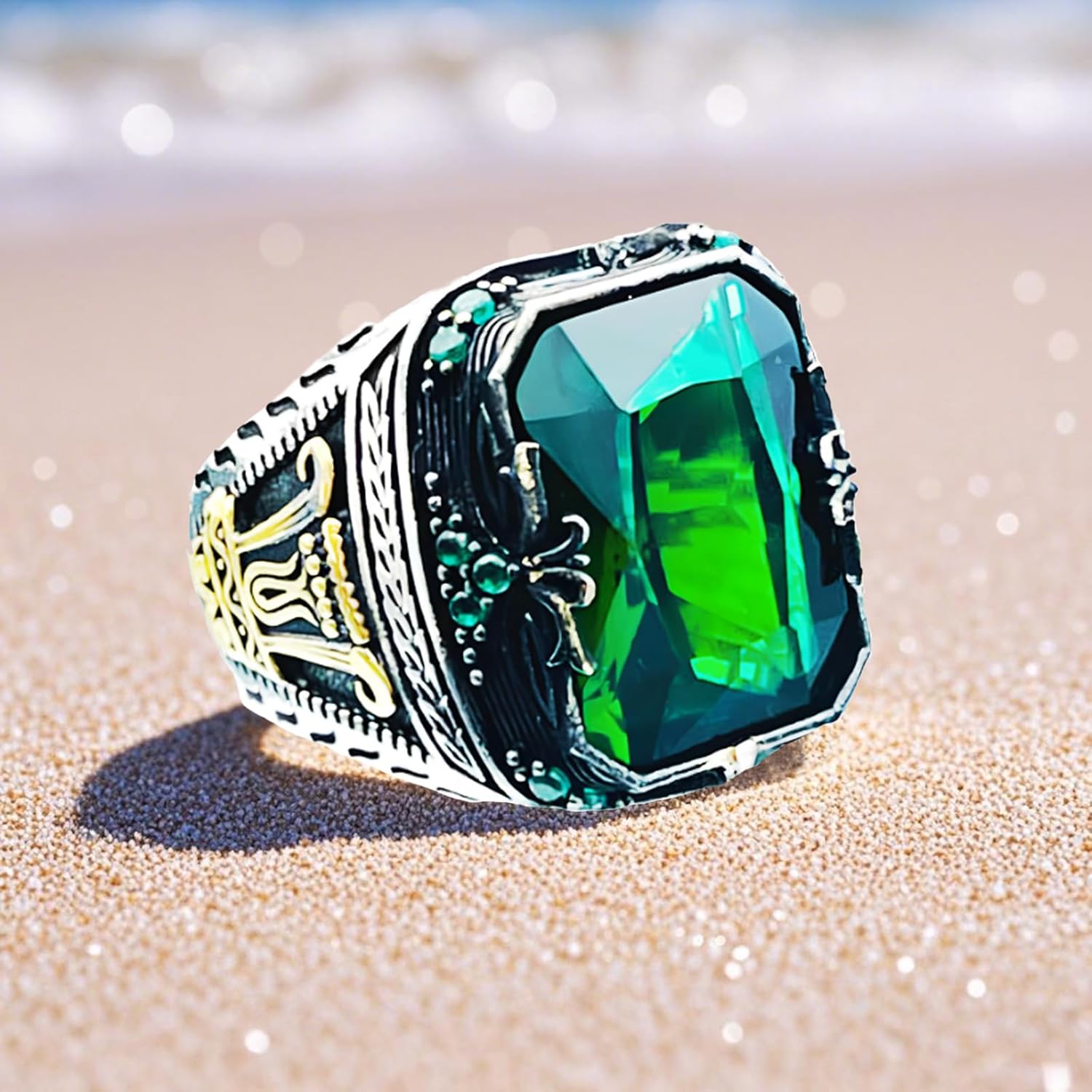 Men's Oxidized Green Emerald Stone Ring King Claw Silver Square Emerald Men's Jewelry Handmade Vintage Ring Engagement Promise Gift for Men