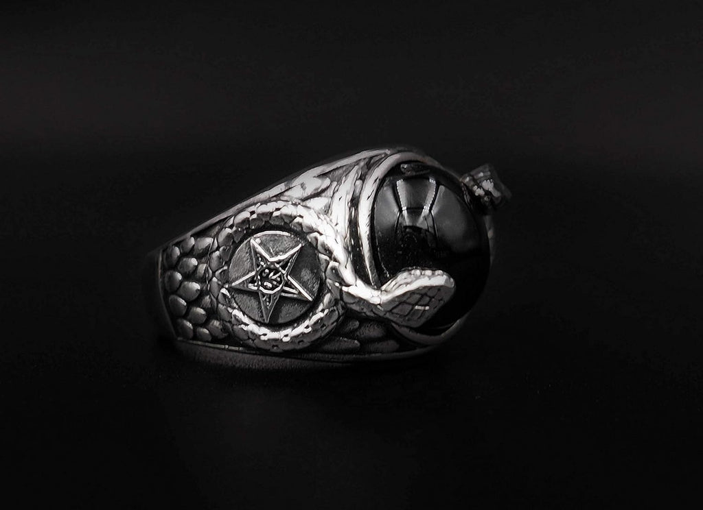 Onyx Church of Satan Sigil of Baphomet Ring, Pentagram Ring, Snake Ring, Demon Devil Ring with Snack 925 Sterling Silver