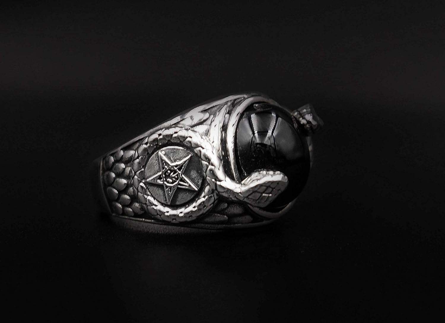 Onyx Church of Satan Sigil of Baphomet Ring, Pentagram Ring, Snake Ring, Demon Devil Ring with Snack 925 Sterling Silver
