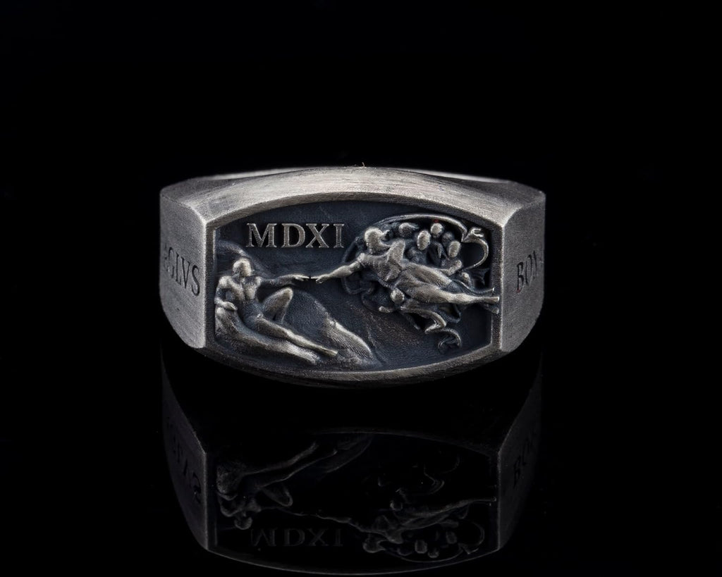 Hand Of God Men Signet Ring, 0.022 lbs, 0,78 x 0,59 Inch, Michaelangelo Sistine Chapel Ring, Creation of Adam Jewelry, Renaissance Age Ring, 925K Silver Art Lover Ring