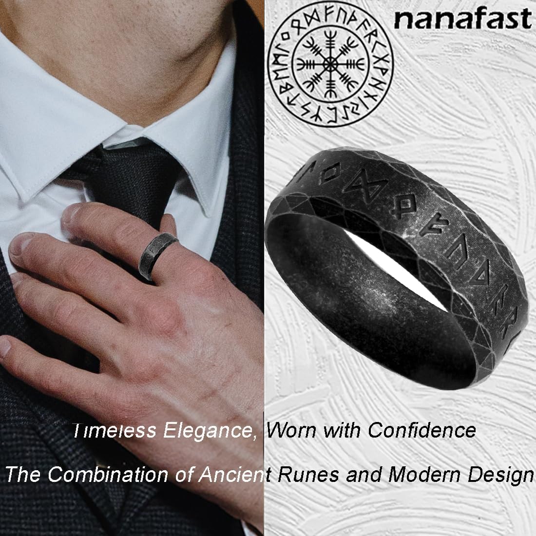 Nanafast Viking Rings for Men, Women Silver/Black/Vintage Stainless Steel Norse Rings for men, Runes Viking Ring Bands for Men