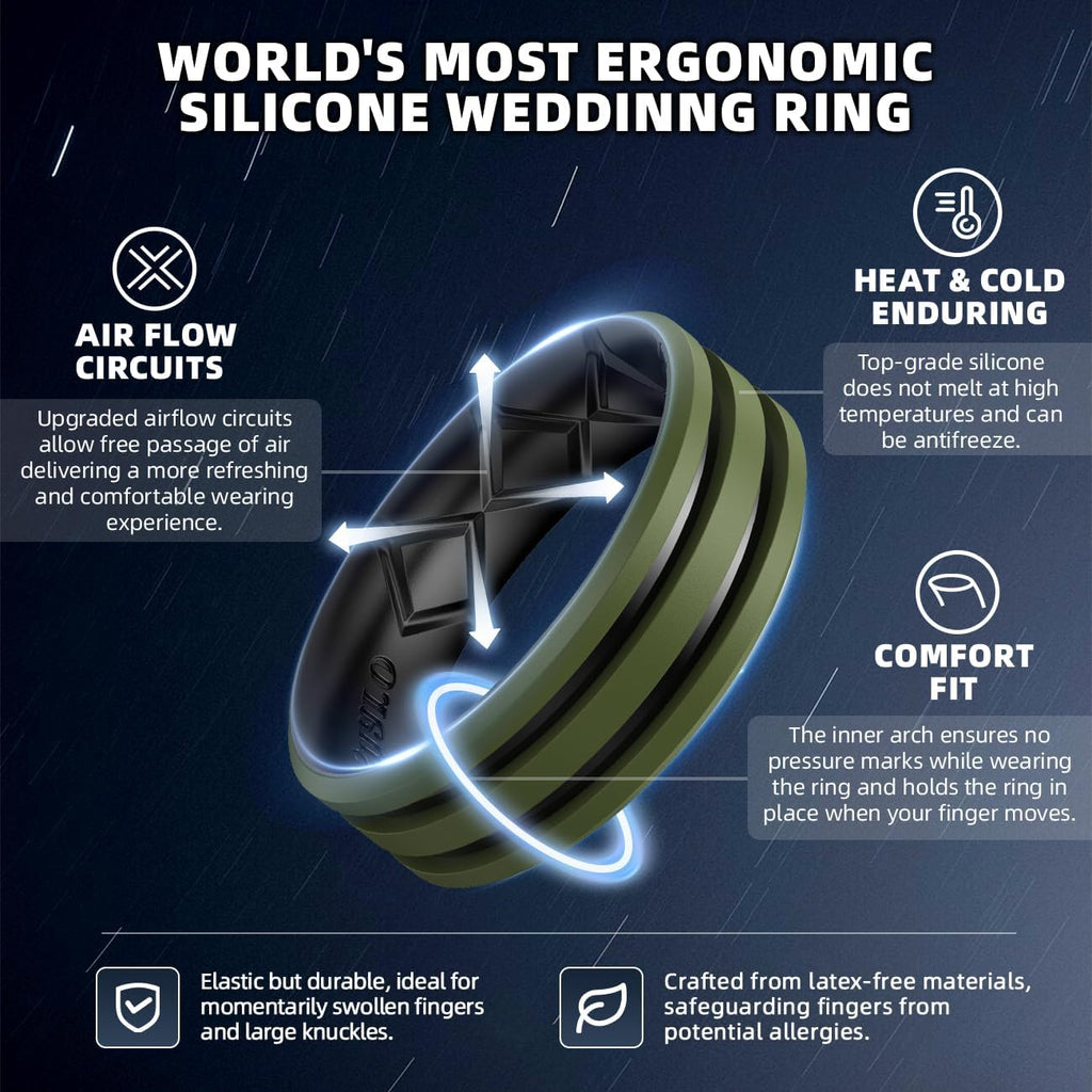 Egnaro Silicone Ring for Him with 2 Layers, Multicolor Rubber Wedding Bands with Air Flow Grooves-1/4/6/7 Variety Multipack
