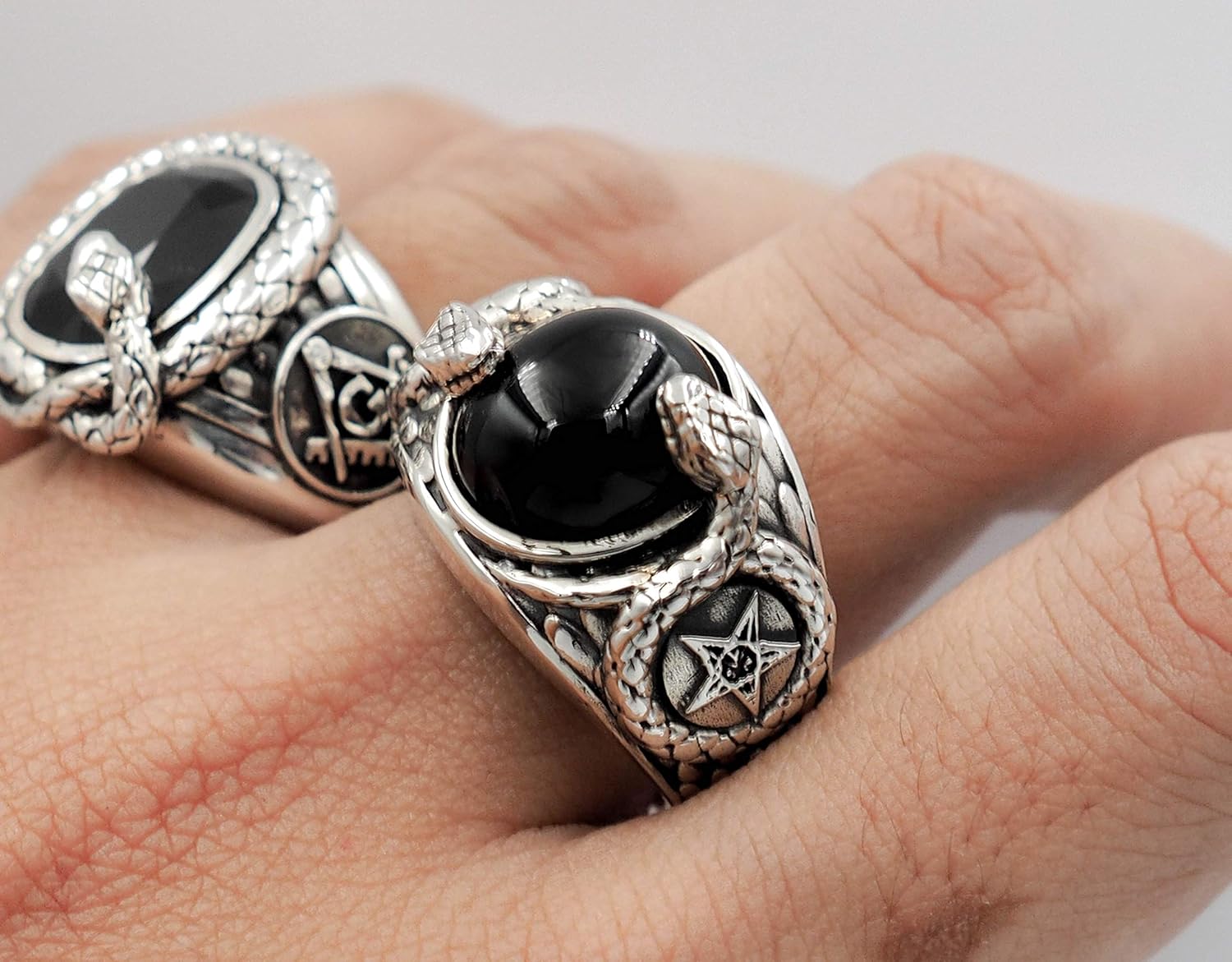 Onyx Church of Satan Sigil of Baphomet Ring, Pentagram Ring, Snake Ring, Demon Devil Ring with Snack 925 Sterling Silver