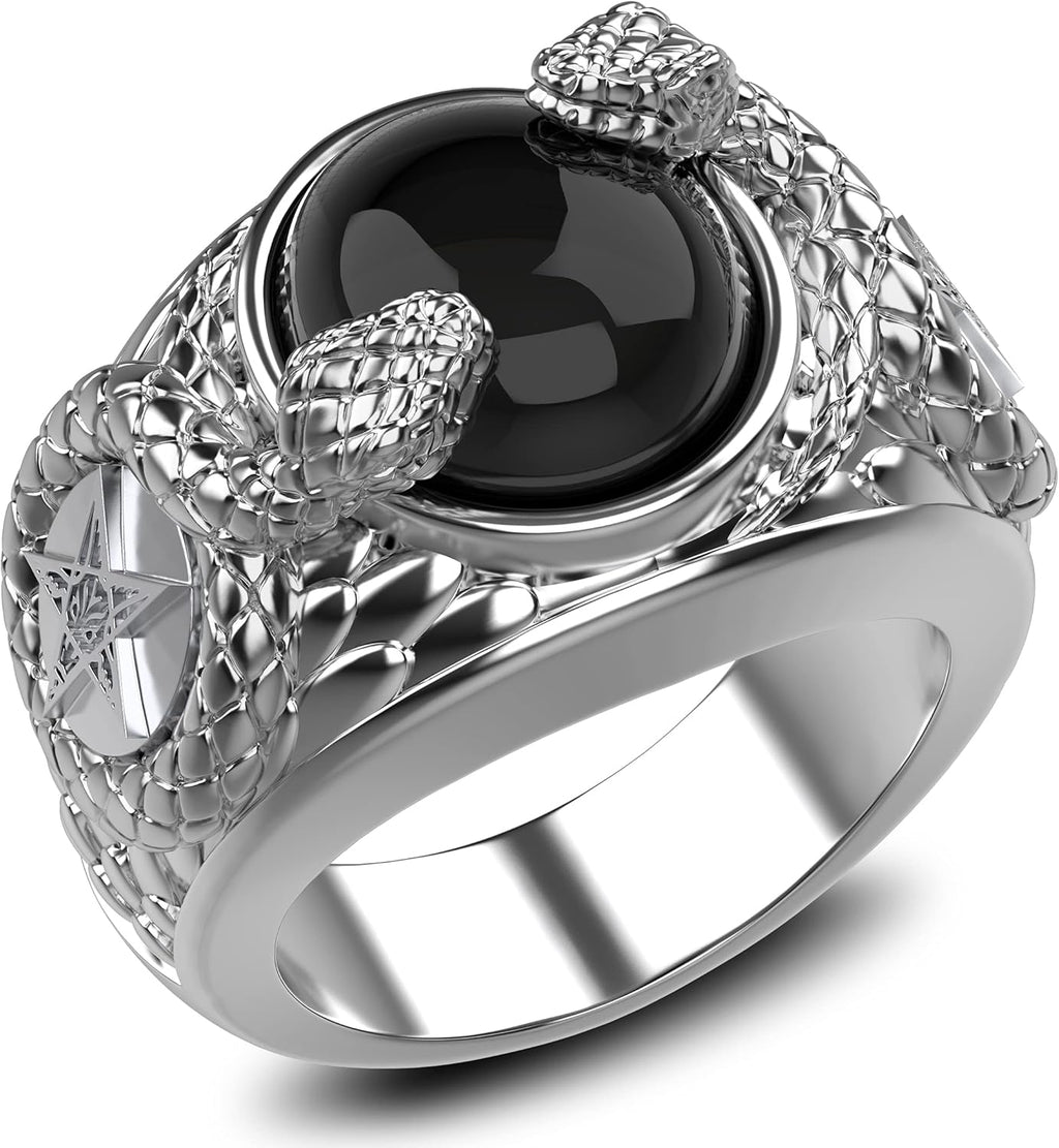 Onyx Church of Satan Sigil of Baphomet Ring, Pentagram Ring, Snake Ring, Demon Devil Ring with Snack 925 Sterling Silver