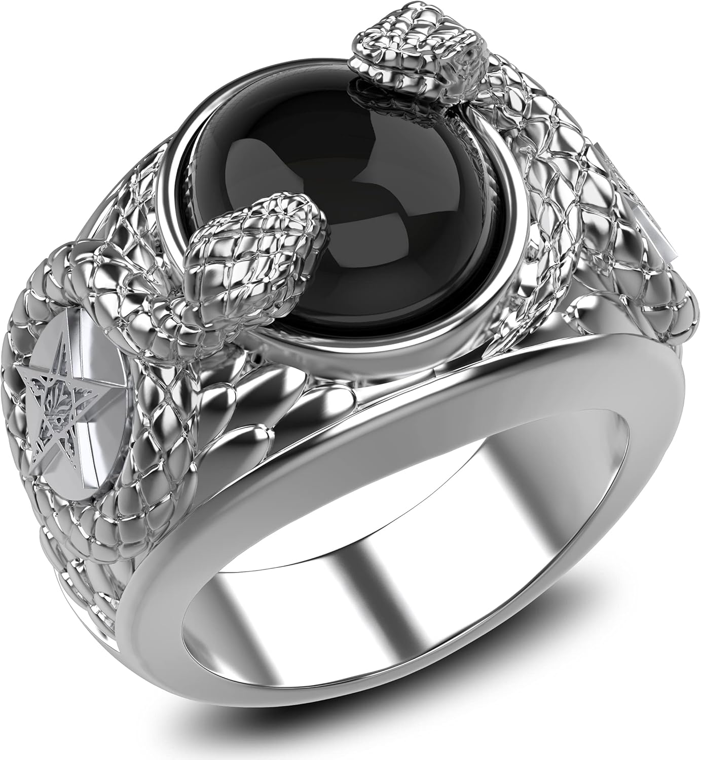Onyx Church of Satan Sigil of Baphomet Ring, Pentagram Ring, Snake Ring, Demon Devil Ring with Snack 925 Sterling Silver